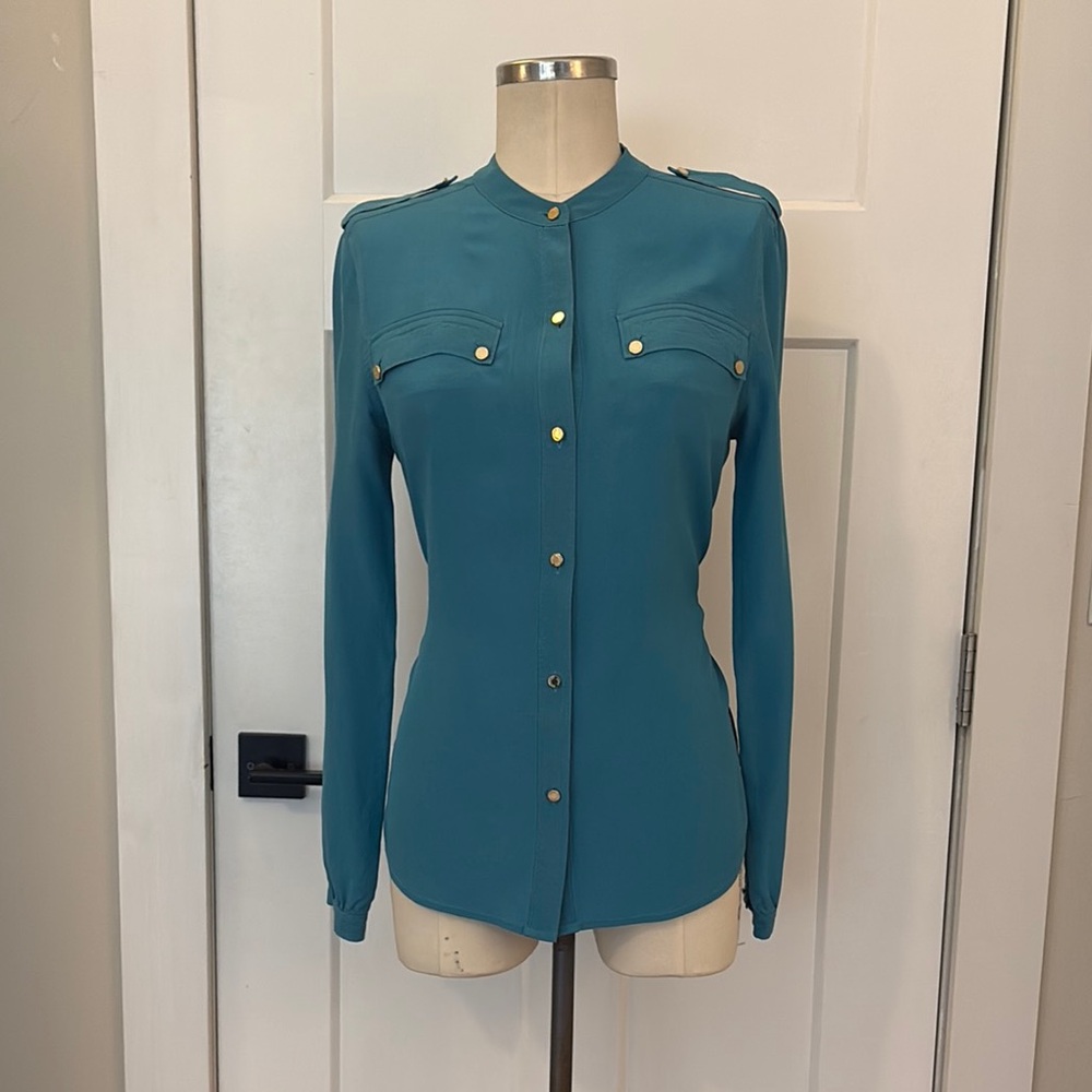 Juicy Couture Military Inspired Teal Button-Up Women's Silky Blouse